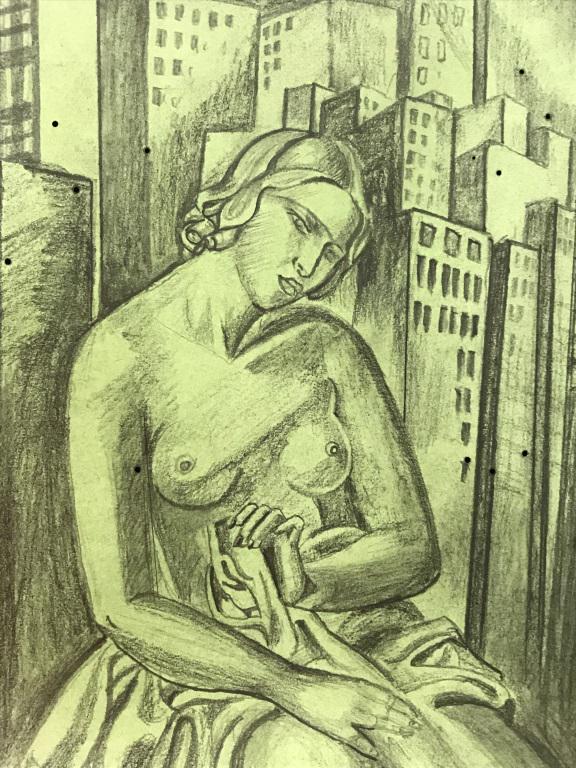 Pencil Drawing after Tamara de LEMPICKA: Signature along bottom reads T. de Lempicka, attributed to Tamara de LEMPICKA (Polish, 1898-1980). Pencil drawing on tinted paper depicts partial nude female figure against city skyscraper background.