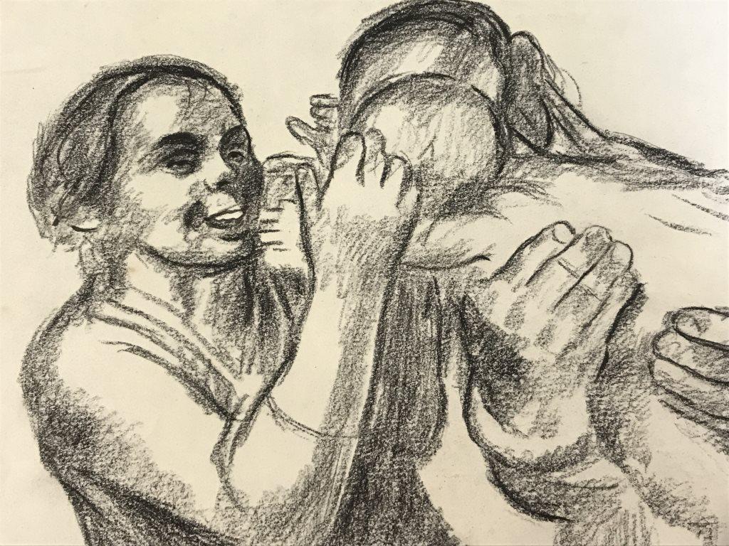 Charcoal Drawing after Kathe KOLLWITZ: Signature in graphite in lower right corner reads ‘Kollwitz,’ attributed to Kathe KOLLWITZ (German, 1867-1945). Drawing in charcoal on paper depicts a child and two adult figures. Collector’s St