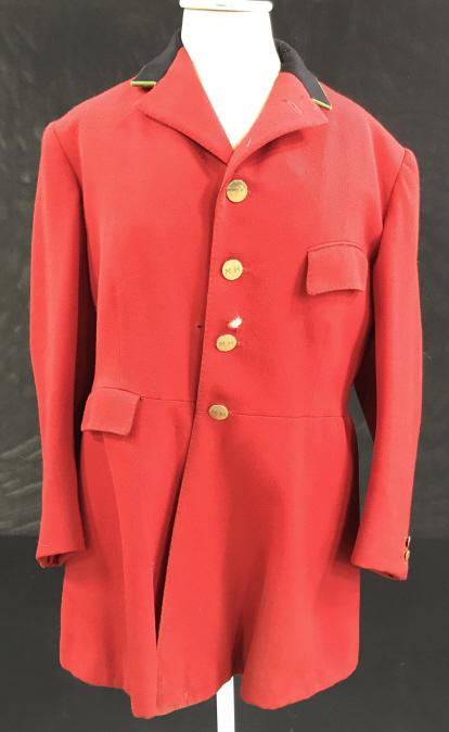 Vintage BERNARD WEATHERILL Scarlet Riding Coat: Gents Riding Coat with black hunt collar, saddle flap liner, 5 button front, int. half lined with tattersall check wool, half lined with red wool. Ext waist seam pocket, ext breast pocket, 4 interior 