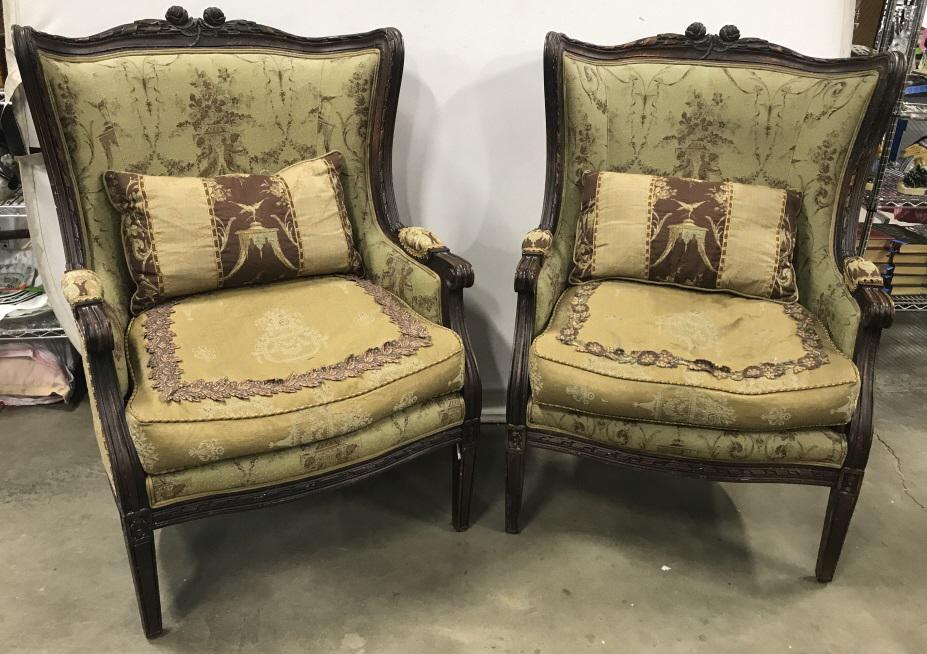 Pair Carol Bolton For ABC Carpet Wing Chairs: Pair Carol Bolton For ABC Carpet Fireside Wing Chairs with intricately carved wooden frame, luxury fabric upholstery, double welted, silk velvet, and woven braided trim, includes matching throw pillow