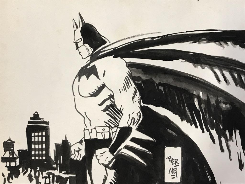 Ink Drawing after BERNET, DC Comics’ Batman: Signature along bottom reads Bernet, attributed to comic artist Jordi BERNET (Spanish, 1944 - ). Drawing in ink on paper depict’s DC Comics’ famous character Batman. Paper measures approx 8.25 inc