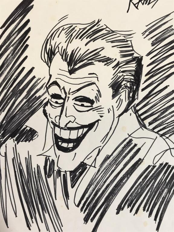 Ink Drawing after Bob KANE, DC Comics’ The Joker: Signature reads Bob Kane, attributed to comic artist Bob Kane (American, 1915-1998). Ink drawing on paper depicts The Joker, the iconic supervillain of the DC Comics. Stamps on verso read for ‘The M
