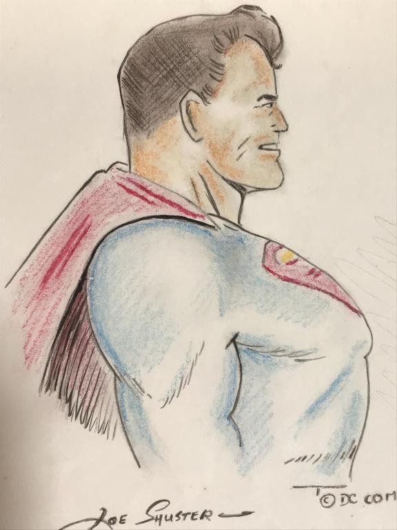 Pencil Drawing after Joe Shuster, Superman: Signature in lower left corner reads Joe Schuster, attributed to comic book artist Joe Shuster (American-Canadian, 1914-1992). Colored pencil and ink drawing on paper depicts Superman. Handwriting in 