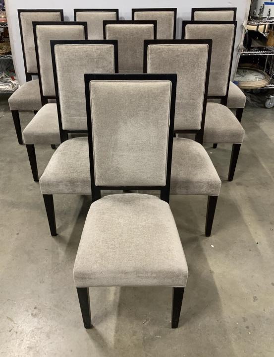 Set 10 Mitchell Gold Dining Chairs: Set 10 Mitchell Gold Dining Chairs, black toned wooden frame and mushroom toned fabric upholstered seat and back with welted trim, marked on underside with Mitchell Gold labels, some marks to wooden f