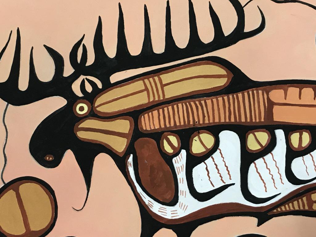 Gouache Painting after Norval Morrisseau, Moose: Gouache and ink painting of moose on newsprint paper after Norval Morrisseau. Paper measures approx 8.4 inches in height by 12.25 inches in width. Unframed. There are imperfections in image, along wit
