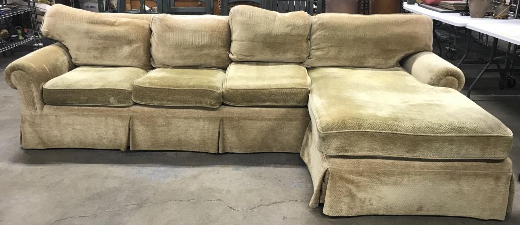 Custom Made Tart Twist Toned Skirted Sectional: Sectional is tart twist toned. Sofa was custom made. Piece is Skirted. Sectional, sectional sofa, living room furniture, sofa, couch, Skirted sofa, Skirted sectional, Custom Made sectional. Piece meas
