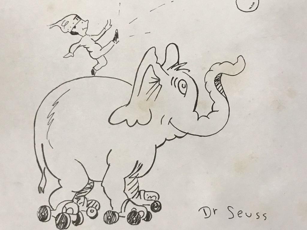 Ink Drawing after Dr. Seuss, Horton on Skates: Ink drawing on paper of Horton the elephant on roller skates, after Dr. Seuss. Signature in lower right corner reads ‘Dr Seuss.’ Paper measures approx 6 inches in height by 8 inches in width. Ther