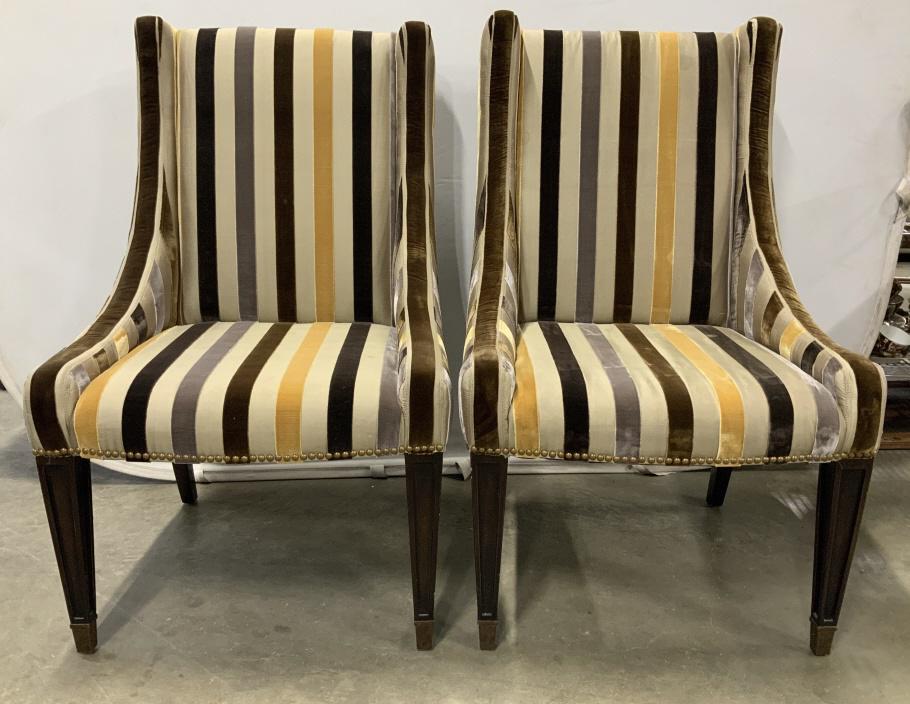 Pair Henredon Cut Velvet And Silk Wing Chairs: Pair Henredon Cut Velvet And Silk Wing Chairs with tapered front legs, chocolate, gold, grey and mushroom toned striped design upholstery and brass toned nailhead trim, some marks to upholstery in are