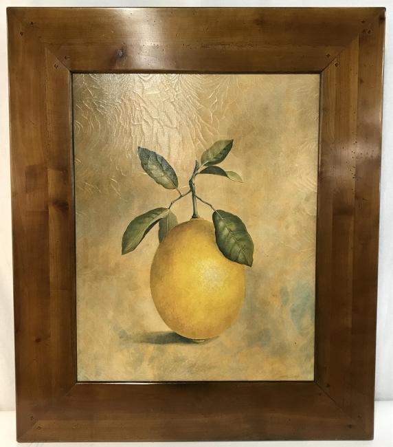 Art Print on Leather set in Grand Pine Wood Frame: Print of lemon on leather style material lined board. Board is set in grand pine wood frame. Verso is marked for ‘De Bournay.’ Artwork measures approx 45.5 inches in height by 38.5 inches in width
