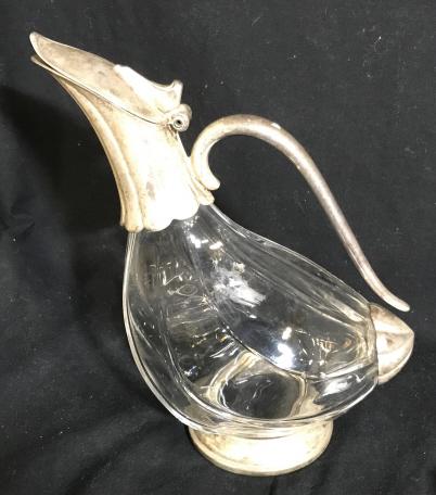 Silver Plated Vintage Glass Pitcher w Spout: Silver plated handle, base, spout with thumb press to open lid. Measures 9 3/4 in. tall, app 8.5 in. long, 4.5 in. wide. Vintage, Tableware, Glass Pitcher, Plated, Collectible Silver Plate Pitcher, El