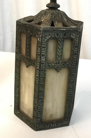 Art Nouveau Style Hanging Lantern Light: decorative ceiling plate (sm dent on rim). Ceiling plate & lantern metal decor appear To have a paint wash to appear as olden copper. Plate possibly brass plated, other metal unknown. Stained art glas