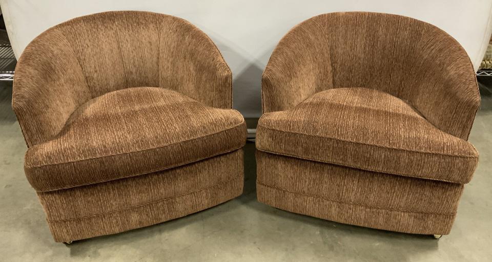 Pair Maurice Villency Tub Chairs On Casters: Pair Maurice Villency Tub Chairs On Casters, upholstered in chocolate and rust toned luxury fabric, consigner claims they were reupholstered, no condition issues noted, measures approx 26 inches tall 