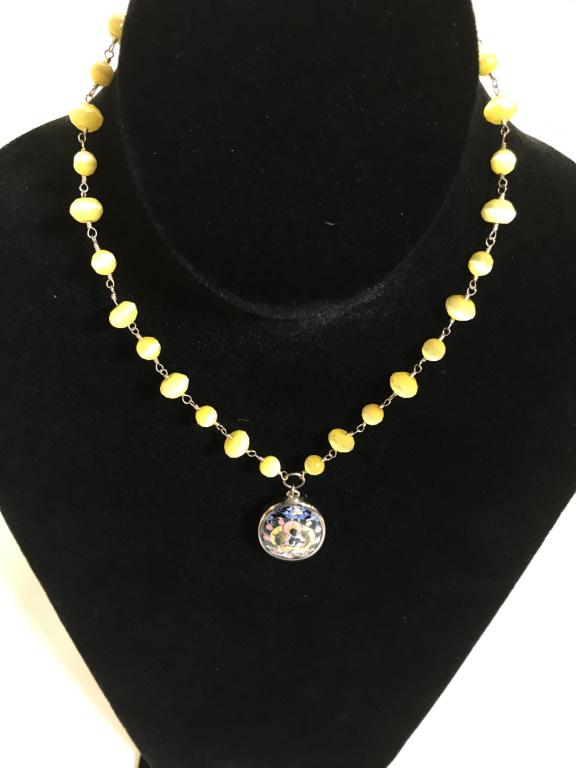 Angels & Emeralds ‘Good Fortune’ Pendant Choker: Signed charm, other side reads .925 for toggle clasp hardware. Faceted YELLOW CATS EYE Beads with iridescence ( labeled by designer). Pendant depicts Asian Indian Goddess Praying. Necklace 13 in. 1 in