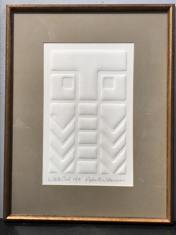 Signed & Numbered Embossed Print, ‘White Owl’: Signed Robert Waterman in pencil in lower right corner, titled ‘White Owl’ and num feed 13/75 in lower left corner. Embossed print depicts totem figure of owl. Print is matted and set behind glass