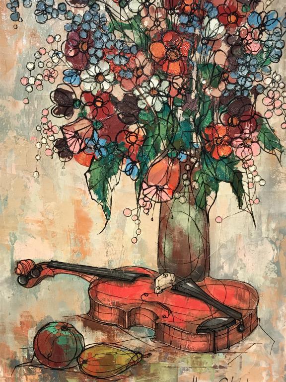 Signed Hugo CASAR Oil on Canvas, Violin & Bouquet: Signed Hugo CASAR (Polish-American, 1911-1975) in lower right corner, oil painting on canvas depicts floral still life with violin. Canvas is set in gold tone wood frame. Measures approx 27.75 inches