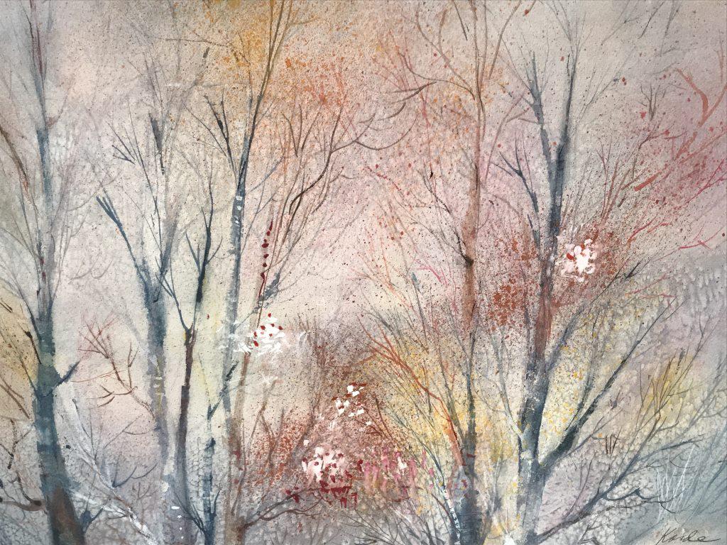 Signed KORDE Watercolor Painting, Tree tops: Signed KORDE in pencil in lower right corner, attributed to Nancy Korde (American). Watercolor painting depicts winter treetops in colorful pastel hues. Painting is matted and set behind glass in wood