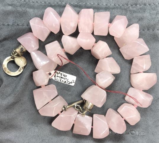 Rose Quartz Choker, Michele Gramesty: Polished & sizable natural rose quartz, organically faceted, all hand strung using pink string. Sterling Silver Toggle Clasp. Hallmarked 925 and signed charm, Designer Michele Gramesty, designer line 
