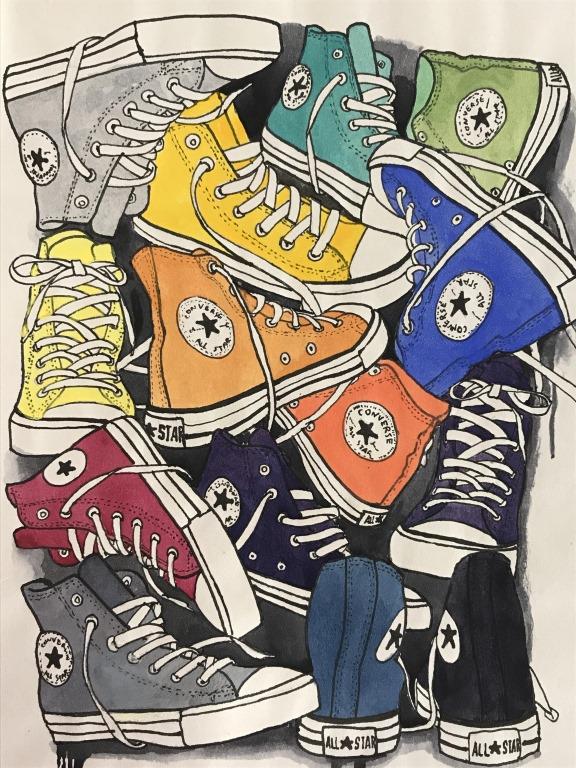 Watercolor after Andy Warhol, Converse Sneakers: Watercolor painting after Andy Warhol. Signature along bottom reads ‘Andy Warhol.’ Verso has two copyright stamps, stamps read ‘Andy Warhol 1983, Publisher: Ronald Feldman, Fine Arts, Inc. New Y