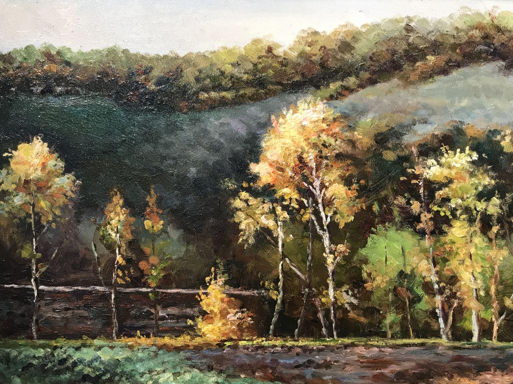 Oil on Canvas, Autumn Birch Trees: Oil painting on canvas depicts autumn birch trees in landscape. Canvas is set in two-tone wood style frame, appears to be material composite. Certificate of Authenticity is stapled to verso from Prest