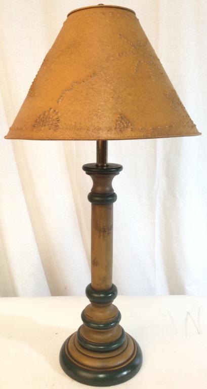 Vintage Wooden & Metal Lamp: Lamp vase & body is wooden. Lamp shade is metal. Piece Appears to be vintage. Shade has beveled dot detail. Piece measures approx 28 inches tall 7 inches wide. table lamp home decor and accessories, h