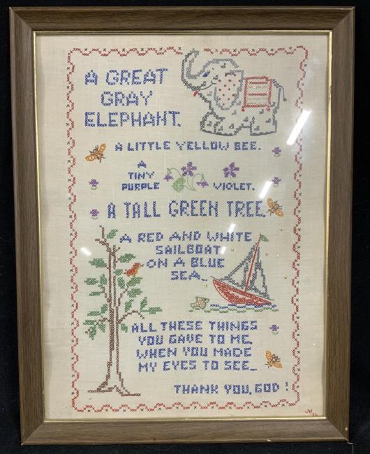 A Great Gray Elephant Framed Sampler: Framed sampler signed JW in lower right corner. Titled A Great Gray Elephant. Sampler reads A great gray elephant. A little yellow bee. A tiny purple violet. A tall green tree. A red and white sailboa