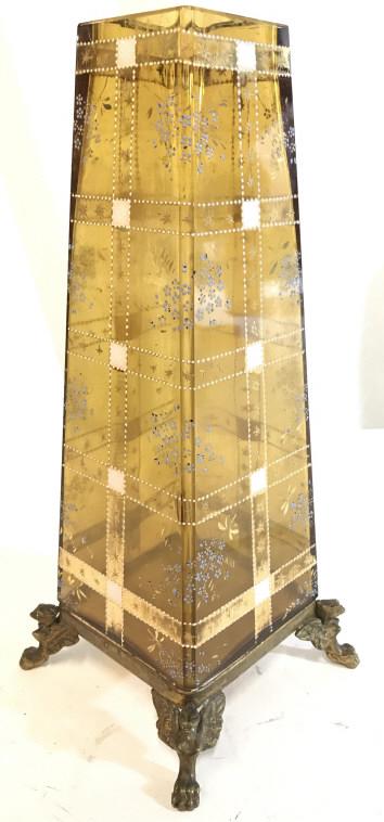 Painted Footed Art Glass Vase: Vase is gold toned. Pike ever contains 4 gold toned feet with wing detail. Piece measures approx 11 inches tall 4.5 inches square. art glass, decorative arts and crafts, vase vessel, shelf peice foote