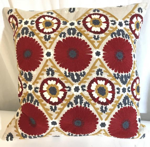 Floral Detailed & Patterned Pillow: Pillow contains multi toned floral detail including tones of red, white, beige, & slate navy. Piece measures approx 20 inches square. Appears to Possibly be vintage & handmade. toss pillow, throw pill