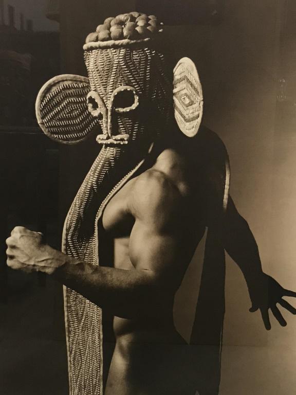 Large Len PRINCE Photo Print,Nigel w Elephant Mask: Large-scale photo print of ‘Nigel with Elephant Mask’ by Len PRINCE (American, b. 1953). Artwork depicts posed male nude figure with elephant mask. Print appears to be on canvas, has not been insp