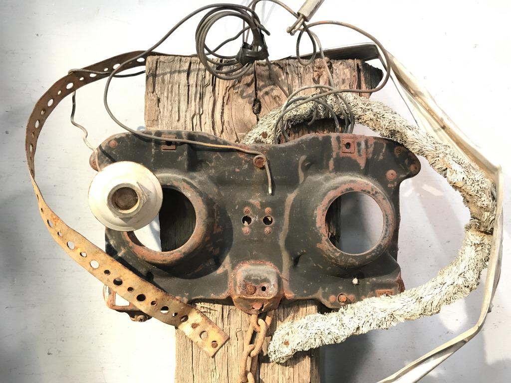 Steampunk-Assemblage Found Art Sculpture: Steampunk assemblage found mixed materials figural sculpture. Materials include wood and mixed metals. Measures approximately 30 inches in height by 17 inches in width by 5 inches in depth. Outsider a