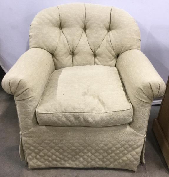 Custom Made MASON ART Tufted Skirted Armchair: Armchair is Skirted. Piece has tufted backrest. Armchair is sand toned. Underneath cushion has tag which reads CUSTOM MADE MASON ART NEW YORK. Arm hair, vintage arm chair, Skirted Armchair. Measures a