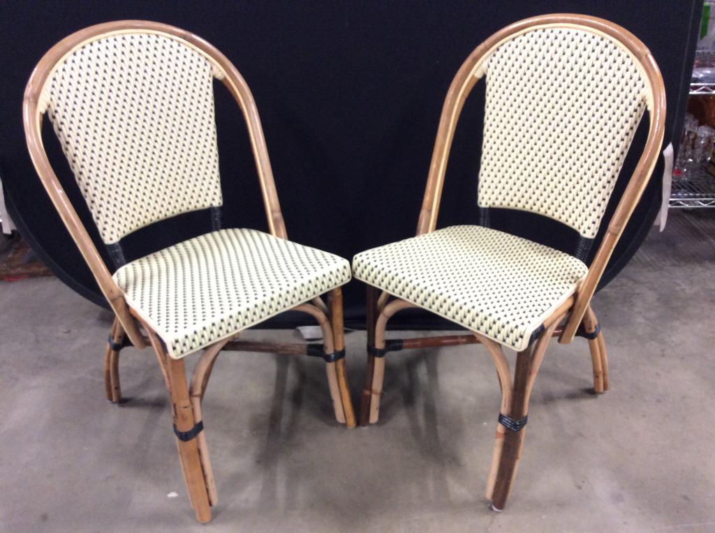 Pair Woven French Bistro Chairs: Chairs appear to have Steam bent bamboo frame with woven nylon seat and back support. Each measures approx 36 inches tall 17 inches wide 19 inches deep. side chairs, dinner chairs, kitchen table chair