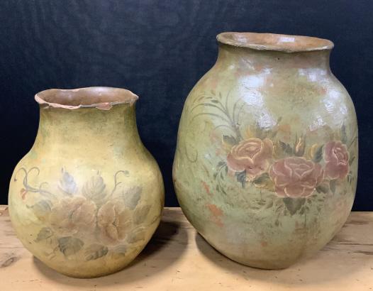 ABC CARPET Floor Size Ceramic Urns: Pair of floor sized ceramic urns, possibly vintage. Attributed to artist Roberta Schilling. The pieces are hand painted. The largest piece measures approx 20.6 inches H, and 14 inches w. There is chip