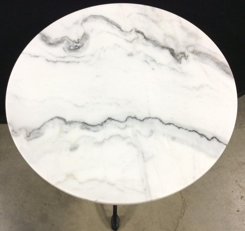 Round Marble Top Metal Base Table: Tabletop is round and appears to be metal. Table base is black toned & metal. Piece measures approx 30 inches tall 24 inches wide. end table side table home accent and decor, lamp table, Property of a