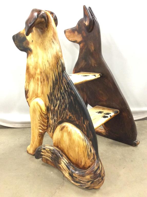 Signed Carved Wooden Dog Stepstool: Step stool is signed. Signature appears to possibly reads Daniel Rose 94. Piece is wooden with carved dog shaped structures on each side. Piece appears to be hand painted. Piece measures approx 35 inc