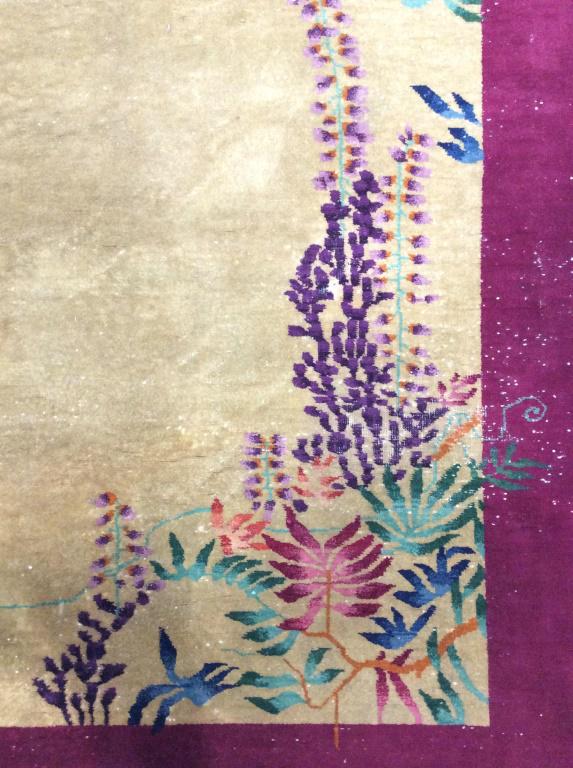 Vintage Chinese Art Deco Handmade Wool Rug: Rug is wool and handmade. Piece contains intricate multi toned floral and leaf detail. Contains fringes. Chinese Art Deco Rug, handmade rug, vintage rug. carpet, small rug, home decor, decorative arts