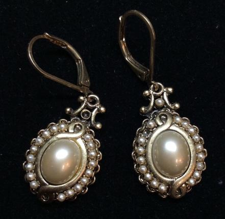Signed R. Lauren Victorian Style Earrings: Center Pearl Style Earrings with halo seed pearls in muted gold tone metal finish. Leverback design, for pierced ears. Signed with Logo on back on earrings. Comes on store presentation holder. Center