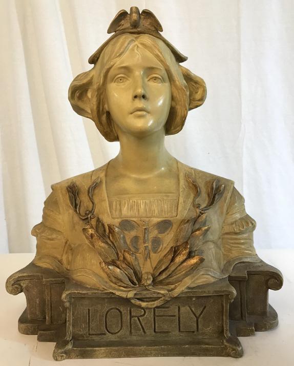 Vintage Goldscheider Plaster Repro Bust of Woman: Vintage plaster reproduction sculpture, depicting bust of woman, ‘Lorely.’ Art Nouveau in style. Incised illegible artist signature to the side, impressed marks to the reverse, 2119, 129, 16, with