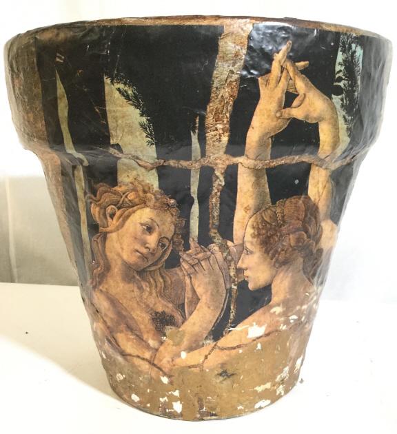 Decoupage Decorative Planter: Piece has depiction of female figures in renaissance inspired style. Underneath surface appears to be plaster. Piece measures approx 12 inches tall 13 inches wide. evident surface wear and loss to dec
