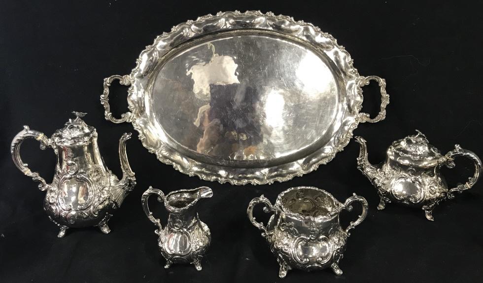 Set 5 English Sterling Silver Tea Coffee Service: Set 5 English Tea Coffee Set And Tray, tea set believed to be English sterling, marked on underside with RH in the center surrounded by marks of leopard head, Lion, a head profile and one other illegi