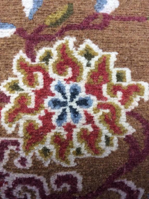 Feather Down Wool Tassel Throw Decor Pillow: Vintage Wool Fabric front, Carmel color with burgundy, white & Blue floral design. Tassel on each corner. Back is soft wool blend fabric with 8 brass buttons used to hold fabric cover. Removable Cover