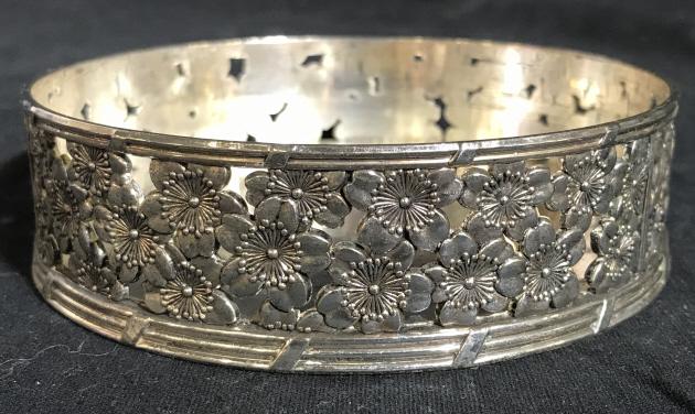 Vintage Silver Toned Metal Champagne Coaster: Vintage Silver Toned Metal Champagne Wine Bottle Coaster with floral openwork design, some scratches to base, measures approximately 4.5 inches in diameter x 1.25 inches tall. Wine Coaster, Champagne