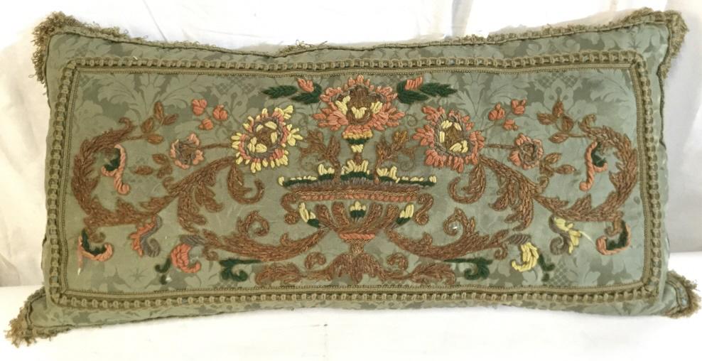 Floral Motif Detailed Throw Pillow: Throw Pillow contains intricate raised floral, leaf, and vine motif detail. Piece measures approx 27 inches long 12 inches tall. toss pillow. throw pillow, decorative arts and accessories, home decor 