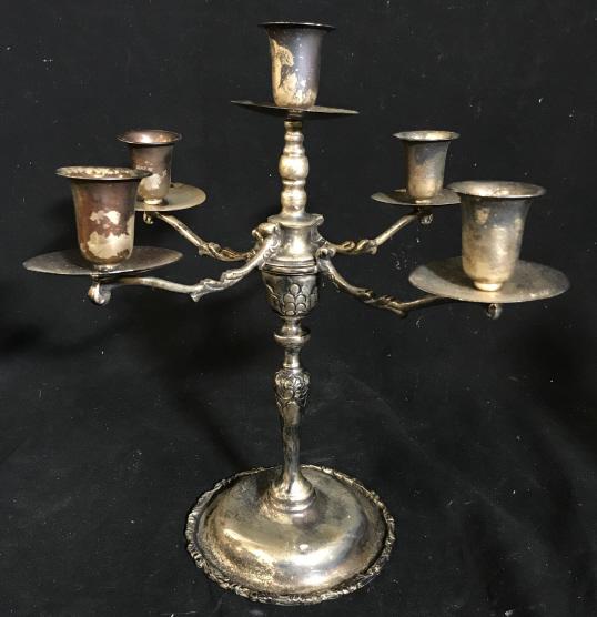 Five Light Silver Plate Candelabra: Five Light Silver Plate Candelabra With Scroll And Leaf Design, measures approx 12.5 inches tall x 12 inches in diameter. Centerpiece Lighting, Candelabra, Silver Plate Tabletop Accessories. 2