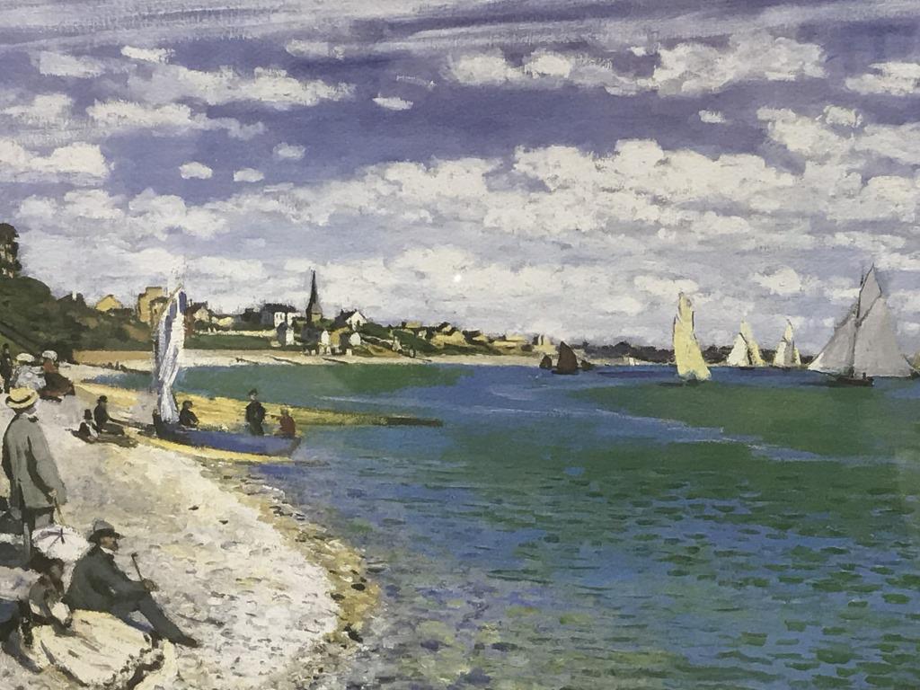Monet Print In Frame, Regatta at Sainte-Adresse: Monet print of Regatta at Sainte-Adresse, double matted and set behind glass in gold tone wood style frame. Measures approximately 17.5 inches in height by 21.5 inches in width with frame. Decorative