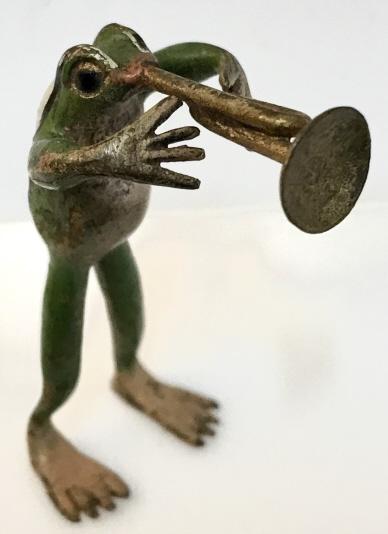 Lot 4 Antique Vienna Bronze Miniature Frogs: Lot 4 antique Cold-Painted Vienna Bronze miniature frogs, c. 1910, anthropomorphic and whimsical in style. Frogs make up a musical band, each frog playing various instruments. Frog Figurines are attri