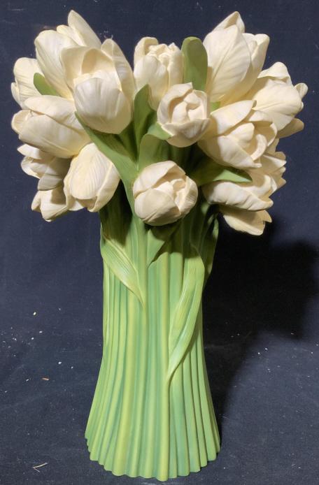 Tulip Form Ceramic Vase Vessel: Sculpted tulips as vase, labeled underside yellow tulip bouquet, Ibis and Orchid Design Inc, tableware, vase vessel, flroal design, measures app 13 inches ht, diameter app app 9.5 inches