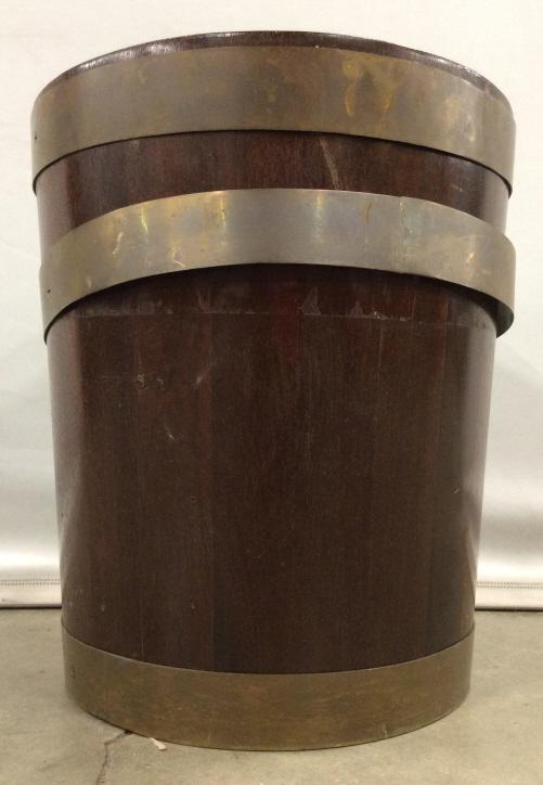 Vintage Wooden Decorative Planter Bucket: Bucket is wooden. Contains gold toned metal detail around edges. Gold toned Metal detail needs repair. Piece measures approx 16 inches tall 14 inches wide. planter, umbrella stand, entryway decor, gar