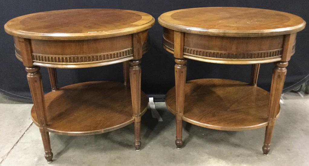 Pair Round Carved Wooden Side Tables: Lot includes 2 carved wooden side tables. Pieces have 4 carved wooden legs. Tables have Round shape. end tables, side tables home accent and decor, home furnishings, Pieces Measure approx 23 inches ta