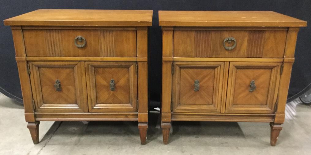 Pair Carved Wooden DREXEL Nightstands: Interior of drawers are marked DREXEL. Each piece has 1 drawer & cabinet doors. Each piece has 4 carved wooden feet. Pieces Measure approx 25 inches tall & wide 16 inches deep. end tables, side tables