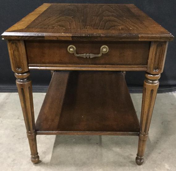 HERITAGE Carved Wooden Side Table: Interior of drawer is marked HERITAGE. Drawer of piece has gold toned metal handle end table, side table home accent and decor, home furnishings, 22 in by 26 in by 20 in